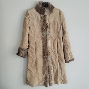 Wilsons leather Rabbit fur trim Long Coat sz L